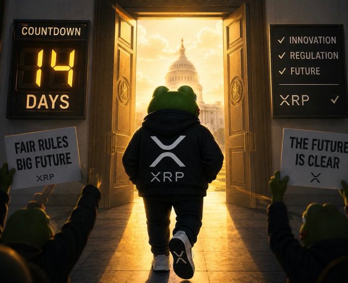 A frog character wearing an XRP hoodie walking through doors toward the U.S. Capitol, with a "COUNTDOWN 14 DAYS" sign, signs reading "FAIR RULES BIG FUTURE" and "THE FUTURE IS CLEAR", and a checklist for Innovation, Regulation, and Future.