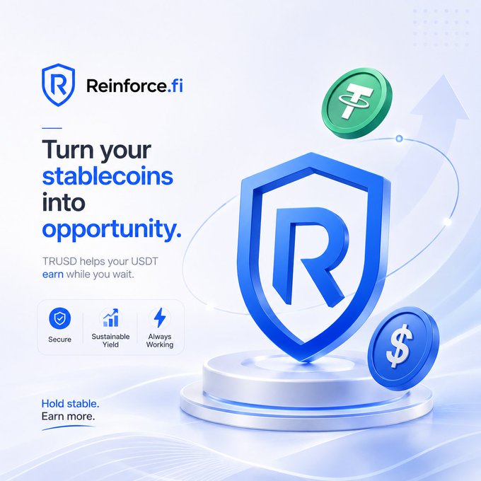 A promotional graphic for Reinforce.fi with the text 'Turn your stablecoins into opportunity. TRUSD helps your USDT earn while you wait. Secure, Sustainable Yield, Always Working. Hold stable. Earn more.' featuring a blue shield logo with the letter 'R' and floating green and blue cryptocurrency coins.