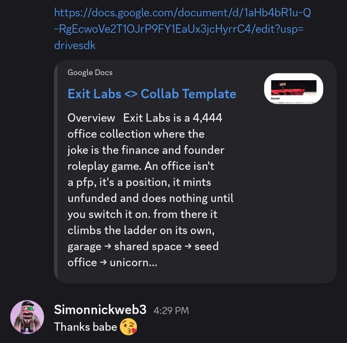 A screenshot of a Google Doc titled “Exit Labs <> Collab Template” describes Exit Labs as a 4,444 office collection, followed by “Thanks babe” from Simonnickweb3. It supports the post announcing a secured collab for @exitlabsdotfun and a free mint for the 4,444 supply.