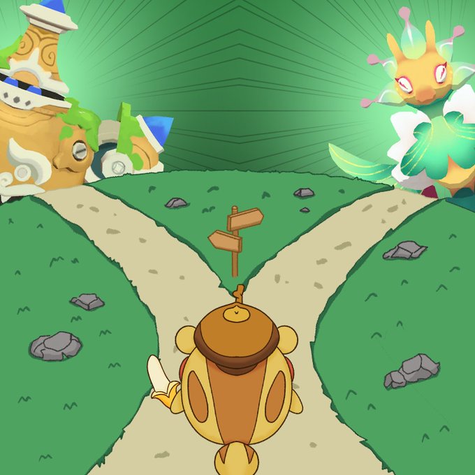 A Pokémon-style character stands at a crossroads facing a wooden signpost, with two intimidating Pokémon-like creatures flanking either path—one resembling a sandy armored creature on the left and a glowing, ornate creature on the right. The image visually captures the "two choices, both risky" dilemma, as both potential paths appear guarded by formidable opponents with no clearly safe option.