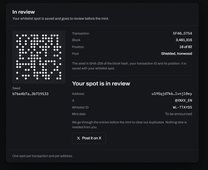 A dark-themed review status page showing a whitelist spot in review, with details including Transaction 5F40_5754, Block 3,491,315, Position 16 of 82, Pool Shielded, Ironwood, and Whitelist ID WL-TTAYD5.