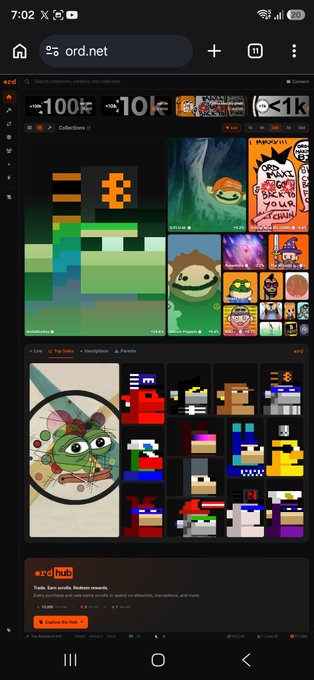 A mobile screenshot of the ord.net website displaying a grid of memecoins and pixel art NFT collections, including Pepe-themed assets.