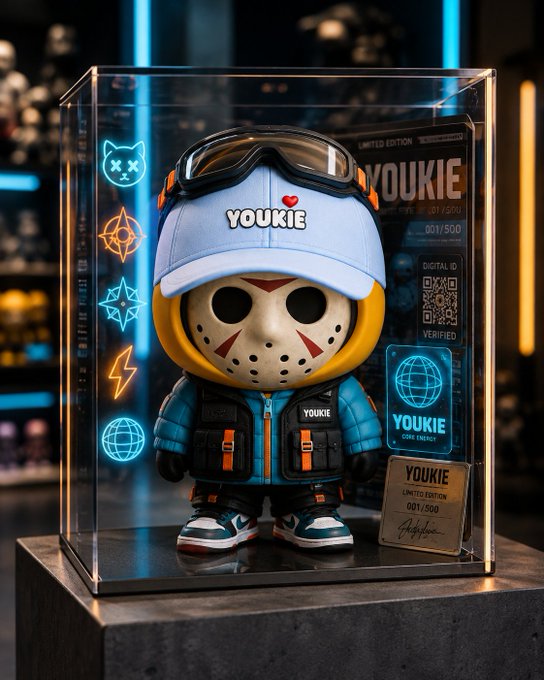 A limited-edition collectible figurine labeled "YOUKIE" (#001/500) in a display case, wearing a hockey-style mask, blue cap, goggles, and puffer jacket, alongside a verified digital ID QR code and signature plaque.