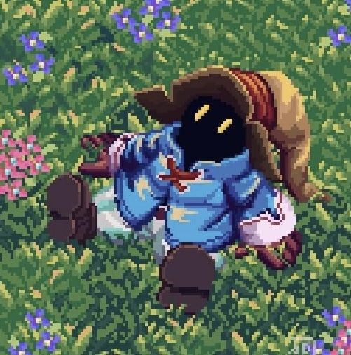 A pixel art illustration shows a character with a glowing yellow-eyed dark face, wearing a straw hat and a blue star-patterned shirt, lying in a grassy field of flowers.