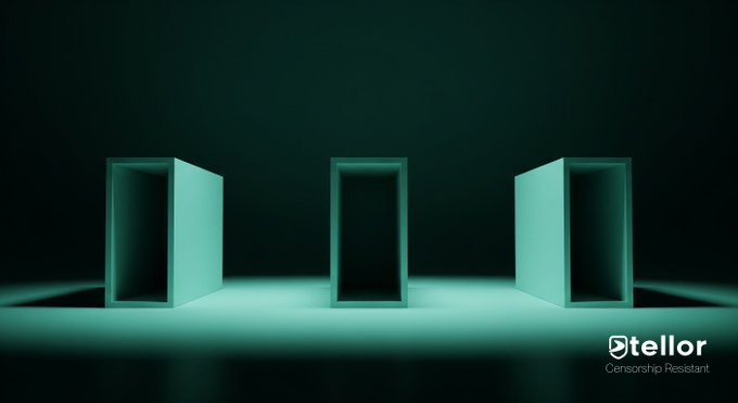 The image shows three glowing teal rectangular frames standing side by side in a dark space, with the text "Tellor Censorship Resistant" in the bottom right corner. The three frames visually represent Tellor's equal three-way voting power split between users, reporters, and the team, symbolizing the balanced distribution of influence across network roles.