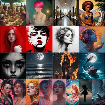 A collage of 16 artistic images featuring stylized portraits of women with various colorful hair and dramatic makeup, alongside surreal scenes including a full moon, a fiery figure, and a ship at sea.