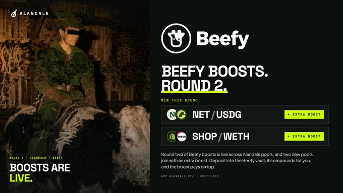 A promotional graphic for 'Beefy' boosts in partnership with 'ALANDALE', showing live pools for NET/USDG and SHOP/WETH with '+ EXTRA BOOST' labels.