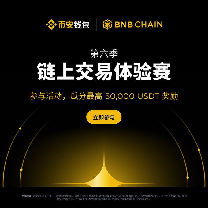 A promotional banner for BNB Chain and Binance Wallet (币安钱包) announcing '第六季 链上交易体验赛' (Season 6 On-chain Trading Experience Contest) offering up to 50,000 USDT in rewards.