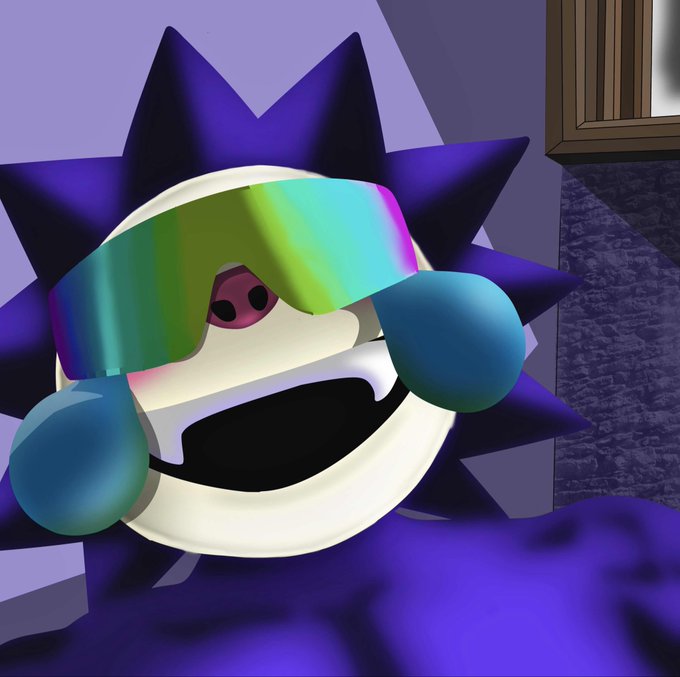 A spiky blue cartoon character wearing iridescent sunglasses cries large tears, humorously depicting overwhelming sadness about the "1969" meme coin supply referenced in the post.