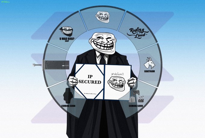 An illustration featuring a Trollface character in a suit surrounded by a circular menu of meme options including 'U MAD BRO?', 'Rolling Loud', and 'GOATRACE', with a central panel reading 'IP SECURED'.