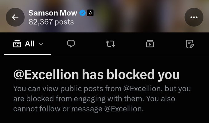 A screenshot of a social media profile page for 'Samson Mow' showing the message '@Excellion has blocked you', with text explaining that public posts can be viewed but engagement is restricted.