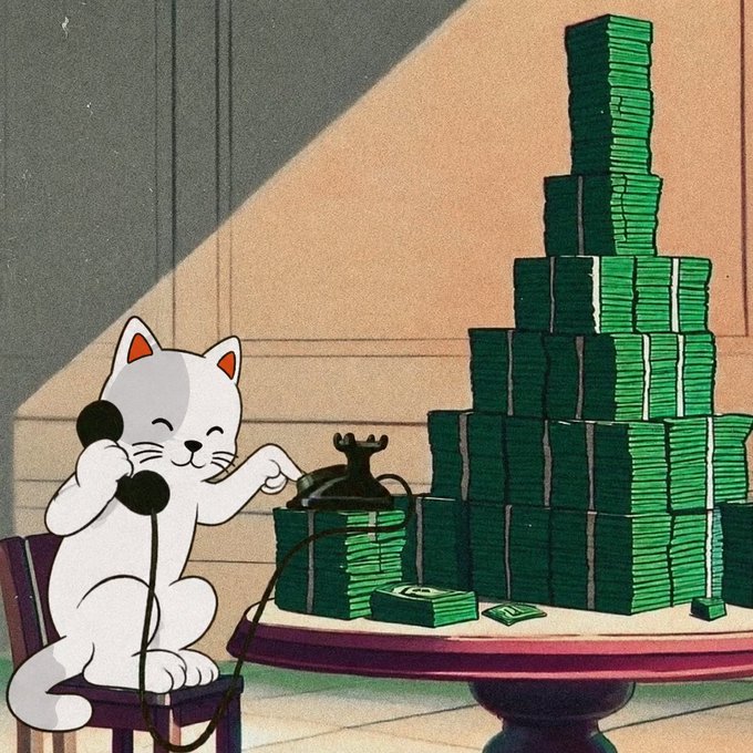 A whimsical illustration of a white cat sitting at a table, using a rotary telephone to make calls while surrounded by a tall pyramid of green banknotes.