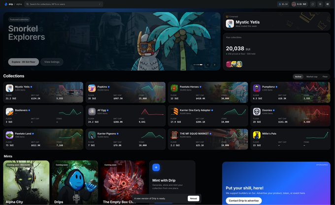 Screenshot of an NFT marketplace featuring the 'Snorkel Explorers' featured collection and various other NFT collections with floor prices and volume stats.