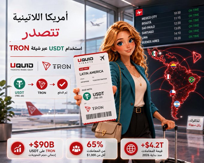 The image is a promotional graphic featuring an illustrated woman holding a "UQUID Tickets" boarding pass for Latin America, with payment options showing USDT (TRC-20) via the TRON network. It highlights key statistics: "+$90B USDT on TRON," "65% of transactions over $1,000," and "+$4.2T transaction value since 2026," alongside a flight departure board listing cities like Mexico City, Bogota, São Paulo, Santiago, Lima, and Buenos Aires—all marked "ON TIME."

The graphic visually reinforces the post's message by showcasing Latin American destinations and emphasizing TRON's dominance in USDT transactions for ticket purchases on the UQUID platform.