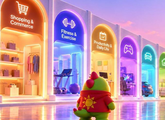 A colorful 3D-rendered digital illustration showing a cute dinosaur-like character in a hoodie, looking at a row of neon-lit arched storefronts categorized as Shopping & Commerce, Fitness & Exercise, Productivity & Daily Life, Gaming, and Automotive.