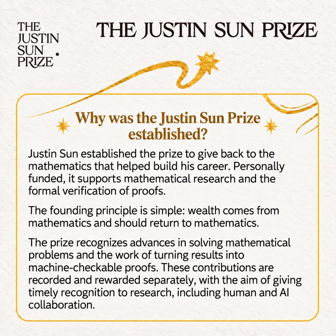An informational graphic titled "THE JUSTIN SUN PRIZE" explaining it was established to support mathematical research, with the logo on the left and descriptive text below.
