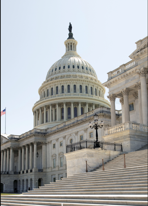 The U.S. Capitol building in Washington D.C. with its iconic white dome, columns, and a view of the steps leading up to the entrance on a clear day.