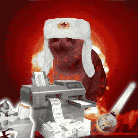 A meme-style image showing a figure in a white ushanka hat with a fiery red background, positioned behind a printer producing money, a bong, and stacks of cash.