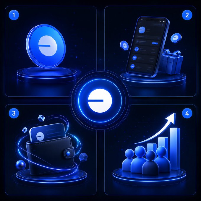 A four-panel graphic in blue tones illustrating cryptocurrency features: a coin, a mobile app interface with a gift, a digital wallet, and a group of users with a rising bar chart and arrow.