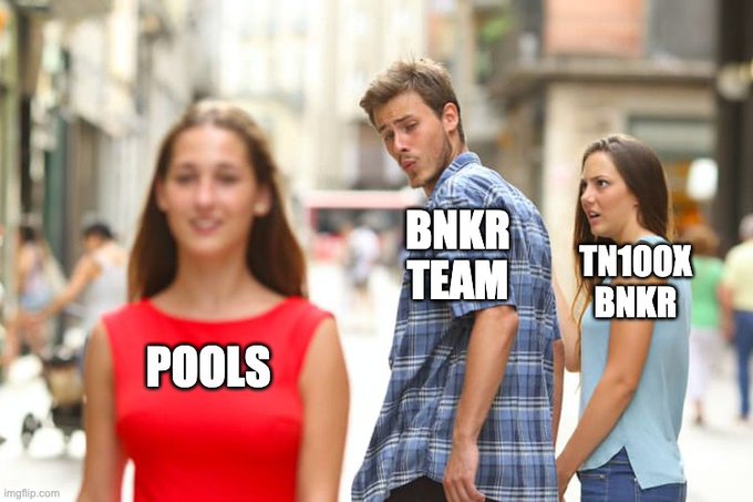 The classic 'distracted boyfriend' meme is edited with labels reading 'POOLS' on the woman in red, 'BNKR TEAM' on the man looking back, and 'TN100X BNKR' on the girlfriend.