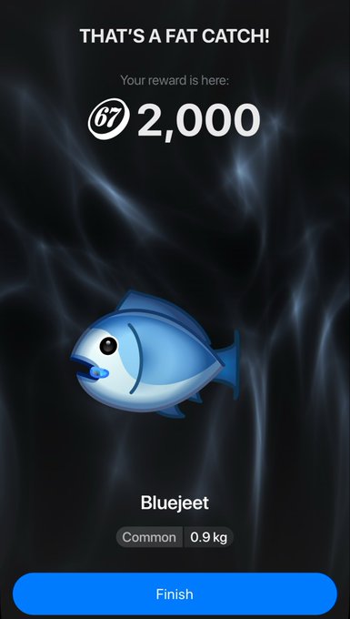 A mobile game screen showing a reward notification with the text 'THAT'S A FAT CATCH!' and a reward of 2,000, featuring a blue fish called 'Bluejeet' (Common, 0.9 kg).
