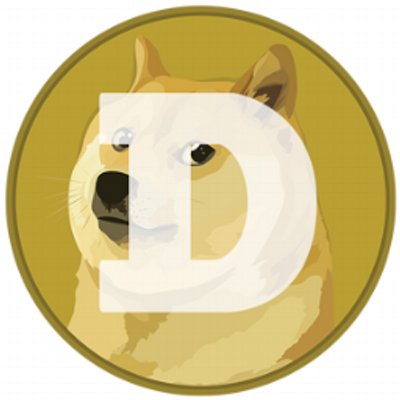 A Dogecoin-style circular icon features a Shiba Inu dog behind a large white capital “D.”