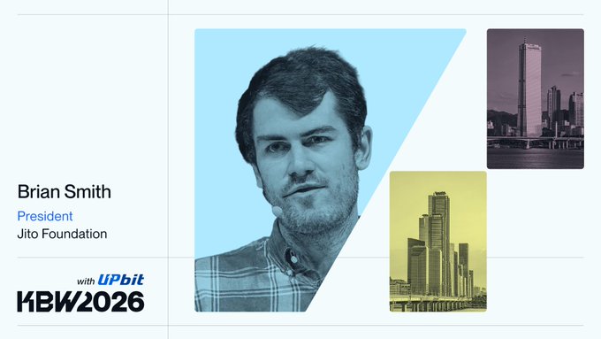 A promotional graphic for KBW2026 features Brian Smith, President of Jito Foundation, shown in a blue-toned portrait alongside the event logos ("KBW2026 with UPbit"), confirming his speaking appearance at the conference as noted in the accompanying post about his transition from traditional finance to leading Jito's staking and block-building strategy.