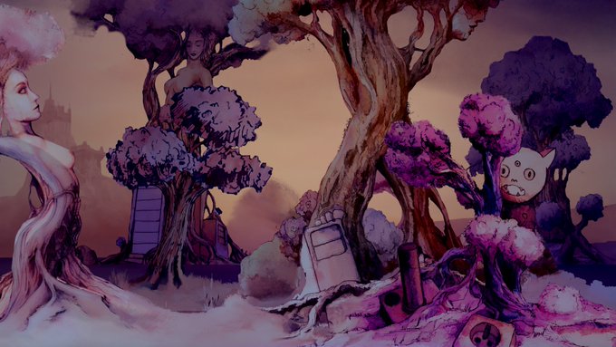 An illustrated fantasy scene shows a pale figure on the left, a tree-like humanoid in the center, and a cat-eared character among pink trees with various objects scattered on the ground.