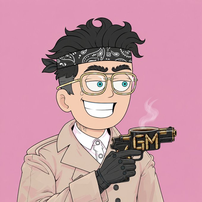 Cartoon illustration of a man with glasses and a bandana grinning while holding a steaming gun-shaped mug labeled 'GEM'.