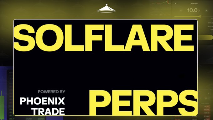 A promotional graphic with a black background and bold yellow text reading "SOLFLARE PERPS" alongside "POWERED BY PHOENIX TRADE," announcing that Solana perps trading is now live on the Solflare wallet, which utilizes Phoenix Trade's orderbook for trading functionality.