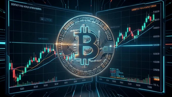 Digital graphic of a Bitcoin symbol overlaid on a candlestick stock chart and trading screens with price axes ranging from 54000 to 76000.