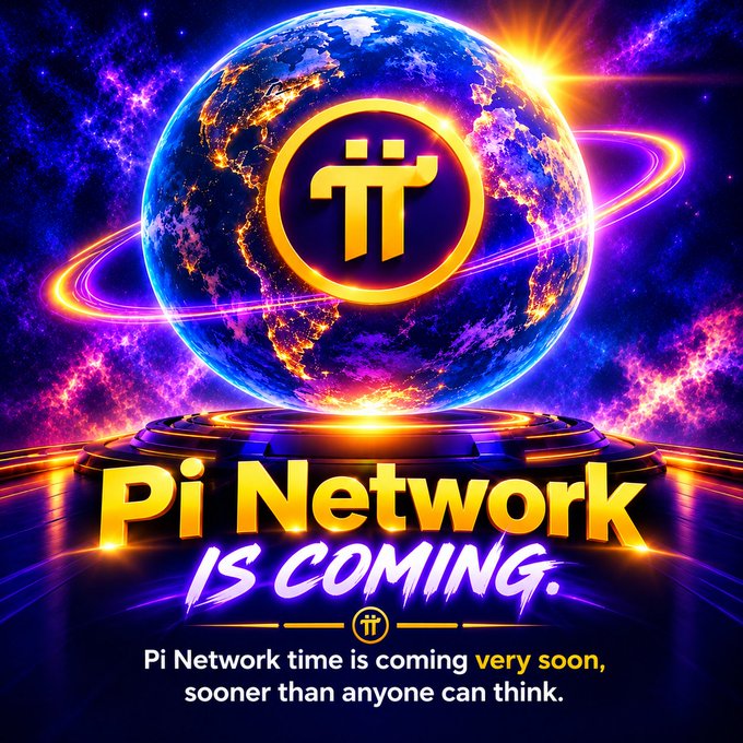 A futuristic cosmic scene features the Pi Network logo emblazoned on a glowing Earth-like planet, with bold text declaring "Pi Network IS COMING" and the tagline "Pi Network time is coming very soon, sooner than anyone can think." The image reinforces the post's message by visually emphasizing Pi Network's forward momentum and imminent arrival, contrasting with the stalled U.S. CLARITY Act and positioning Pi as advancing independently of Washington's regulatory delays.