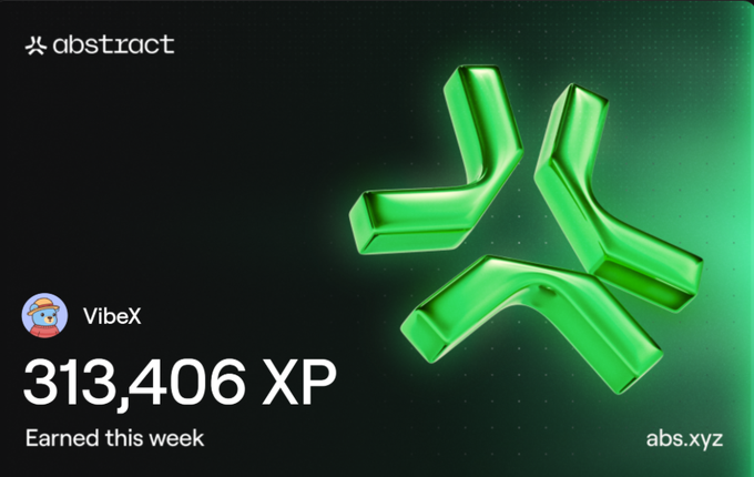 The image features a poster with a green triangle design, which appears to be a logo or symbol related to abstract art. The poster also includes text that reads "Happy XP day! Ready for another @AbstractChain week." This suggests that the poster is promoting an event or campaign related to abstract art and XP (Extraordinary Precision).