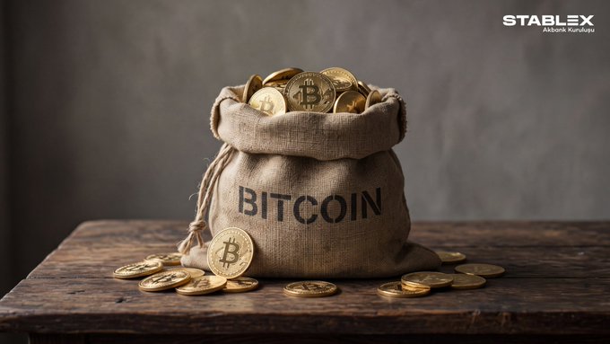 A burlap sack labeled 'BITCOIN' overflowing with gold-colored Bitcoin coins sits on a wooden table with additional coins scattered around, with 'STABLEX' branding in the upper right corner.