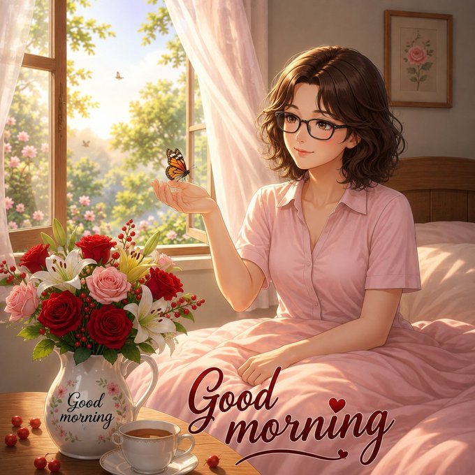 An anime-style illustration of a young woman with glasses sitting on a pink bed, holding a butterfly, with a vase of roses, a cup of tea, and 'Good morning' text overlay.