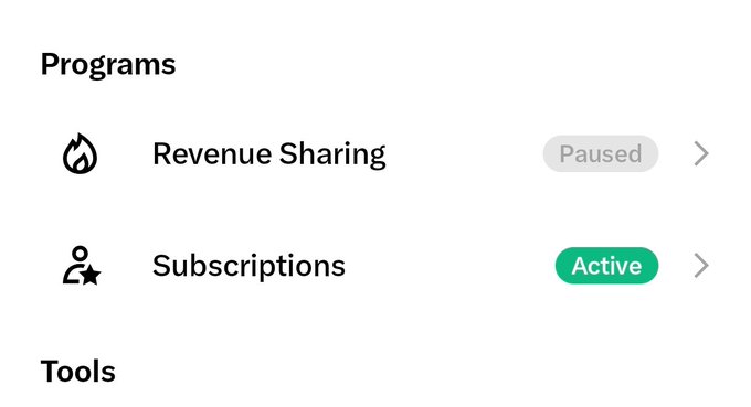 The image shows a dashboard with two programs: "Revenue Sharing" marked as Paused and "Subscriptions" marked as Active. This relates to the post by showing the creator's transparent disclosure of their current monetization programs, confirming subscriptions are active while revenue sharing is paused—proving authenticity behind the claim of being open about engagement farming.