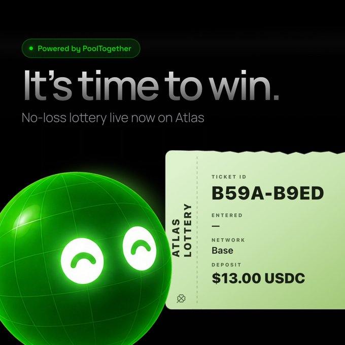 Advertisement for PoolTogether's Atlas Lottery, a no-loss lottery on Atlas, showing a green smiling globe character and a ticket ID B59A-B9ED with a $13.00 USDC deposit.
