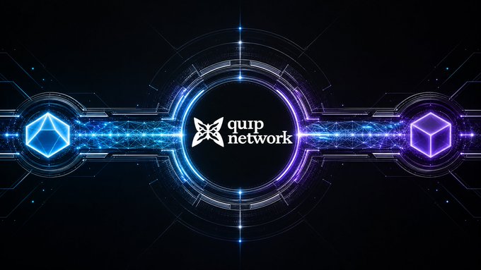 A futuristic tech-themed banner displaying the 'quip network' logo in the center with glowing blue and purple blockchain cube icons connected by energy streams.