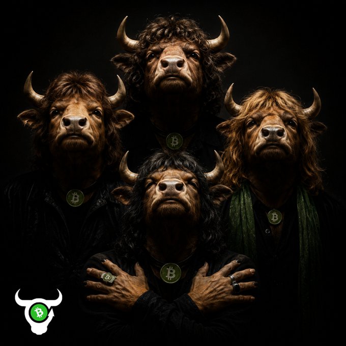 The image shows four anthropomorphic Highland cattle figures arranged in a pyramid against a black background, each wearing Bitcoin (₿) medallions, with a white bull-skull Bitcoin logo in the bottom left corner. The Bitcoin "bulls" visually echo the song "Bohemian Rhapsody" referenced in the caption, replacing the iconic band lineup with crypto-charged bovine headbangers, a fitting metaphor for the volatile, theatrical nature of DeFi ("caught in a landslide, no escape from reality").