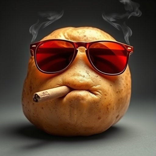 A potat with red sunglasses and a cig hangs a smoke in its mouth, captioned with the Solana meme coin ticker "Eo56frVhaXgBN31PEiX3aLfdGv33s8AfQk2GV29ipump" and a pump.fun contract address, evoking a laid-back "cool potato" vibe typical of meme coin branding.
