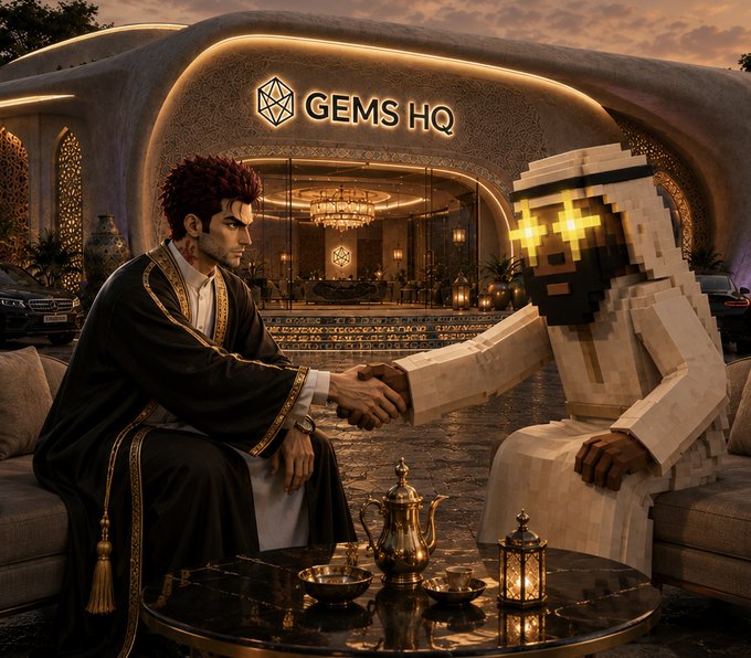 Two figures—one in traditional Gulf attire and the other a pixelated voxel character with glowing yellow eyes—shake hands beneath the "GEMS HQ" sign, symbolizing the announced collaboration between TheSaudisNFT and 0xAlphaGEMs, with luxurious Arabian palace decor and gold accents emphasizing the project's Middle Eastern theme.