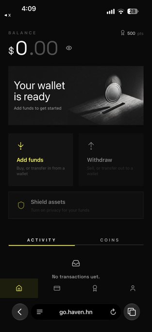 A screenshot of the Haven Protocol mobile app (go.haven.hn) showing a $0.00 balance, an empty wallet status, and options to Add funds, Withdraw, and Shield assets.
