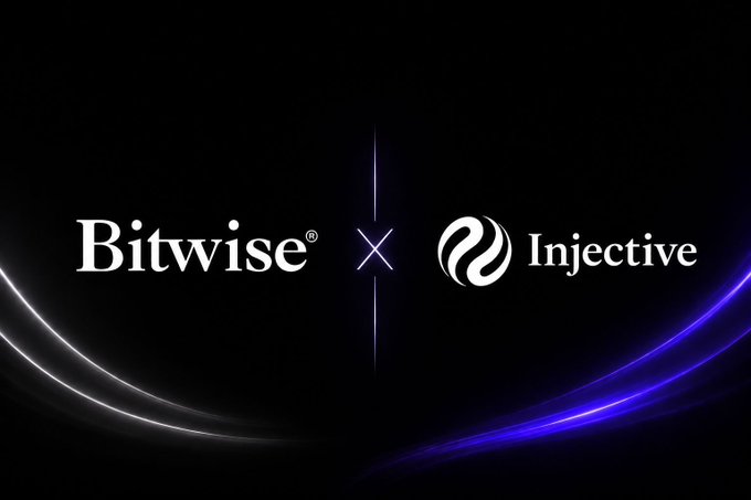 A promotional graphic on a black background displays the logos for 'Bitwise' and 'Injective' separated by a glowing X symbol.