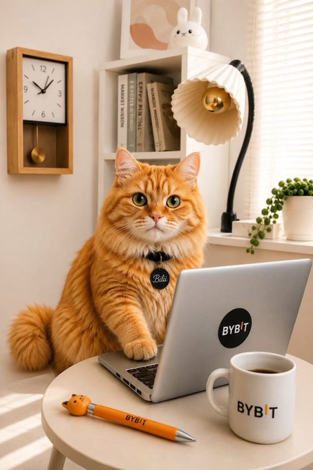 An orange tabby cat named Bella sits at a small table in front of a laptop, coffee mug, and pen—each branded with the "Bybit" logo—while wearing a collar tag that reads "Bella," tying into the "GM GM from Bybit Cat" post by personifying the exchange as a friendly, caffeinated feline ready to trade.