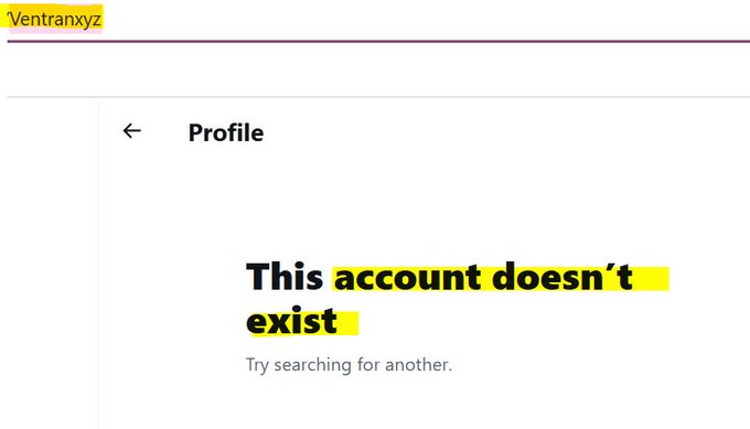 The image shows a profile page displaying "This account doesn't exist" with the handle "Ventranxyz" highlighted, suggesting the referenced account has been deleted—likely as a cautionary example of a crypto/NFT scam project that disappeared after collecting funds from followers, as described in the post about extracting money through token checks, NFT mints, and urgency tactics.
