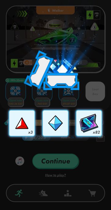 A mobile game screen showing a 'Walker' character with a loot box opening displaying three reward items (red triangles x3, blue diamonds, and cards x82) above a green 'Continue' button.