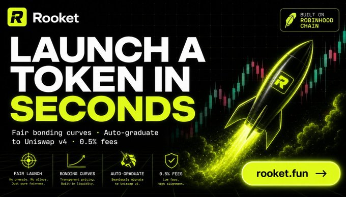 A promotional graphic for "Rooket" (rooke.fun) with the headline "LAUNCH A TOKEN IN SECONDS," featuring a neon green and black rocket illustration over a candlestick chart, noting it's "BUILT ON ROBINHOOD CHAIN" with "Fair bonding curves · Auto-graduate to Uniswap v4 · 0.5% fees."