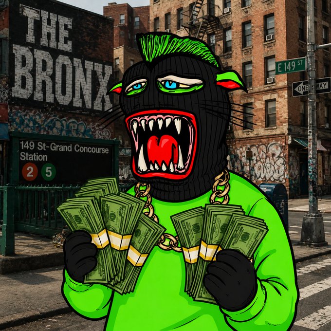 A cartoon figure wearing a "Panther" mask holds stacks of cash on a Bronx street corner near the 149 St-Grand Concourse Station (2 and 5 trains) and E 149 St, with graffiti reading "THE BRONX" on the brick wall behind—visually riffing on the post's reference to "Shitty Panther" ($SPC) NFT art celebrating the token surpassing 1M market cap.