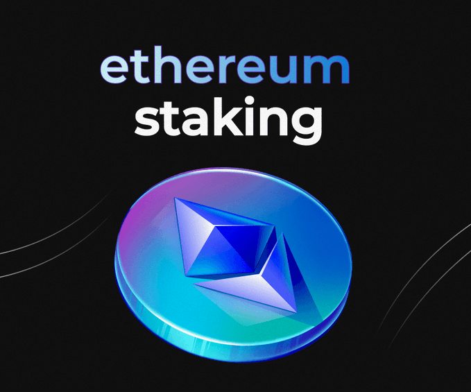 A graphic with the text 'ethereum staking' above a 3D-rendered, iridescent blue and purple coin featuring the Ethereum logo.