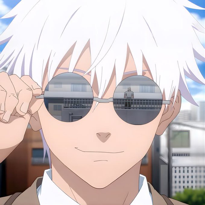 An anime character with white hair lowers round sunglasses, revealing a reflection of a building rooftop and cityscape.